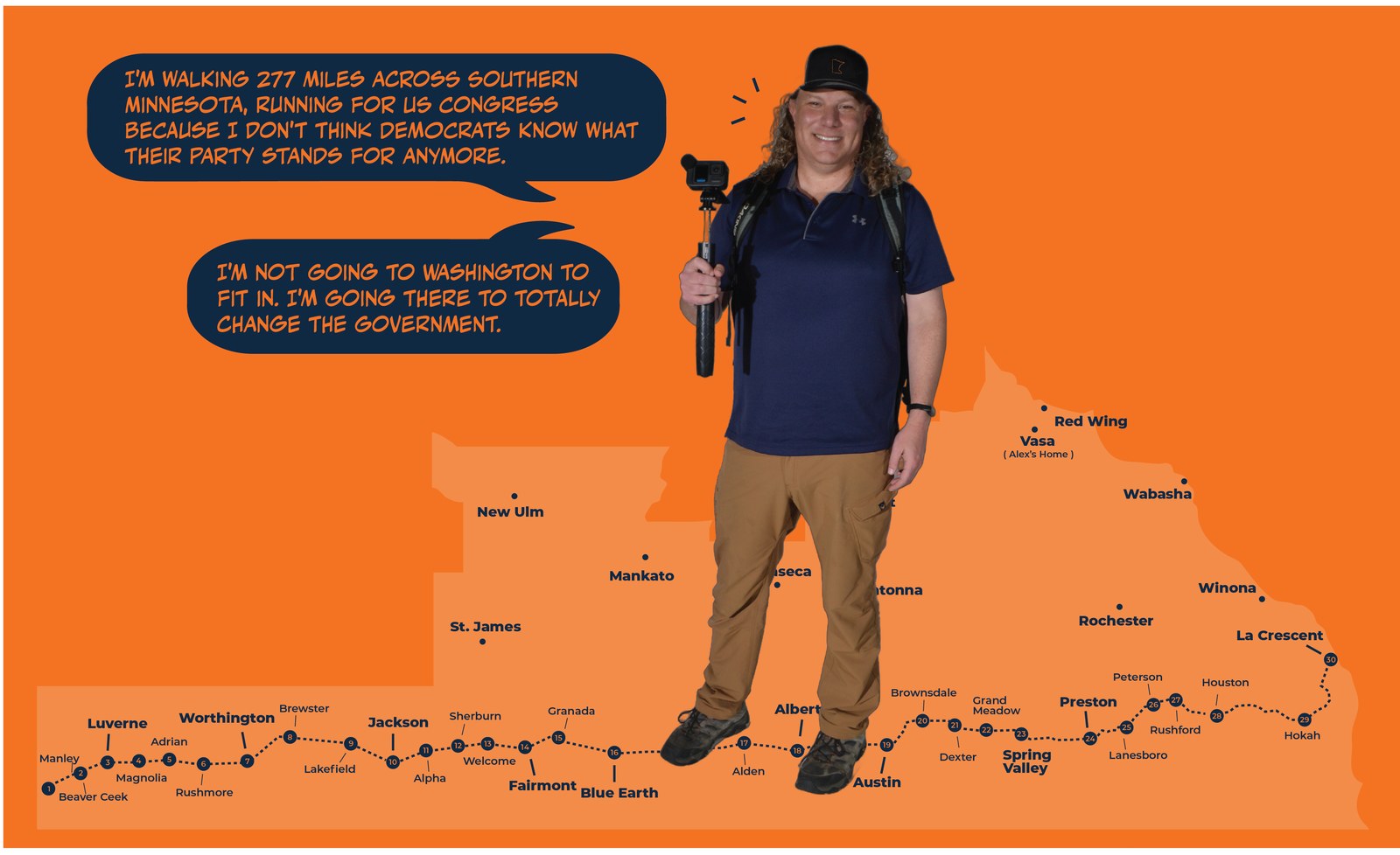Map of Alex Eaton's 277-mile walk across southern Minnesota, from Manley to La Crescent